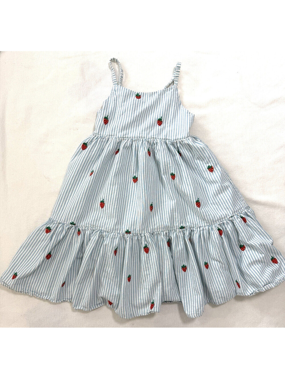 Mini Boden Girls Blue White Stripe Strawberry Embroidered Lined Sundress 5-6Y